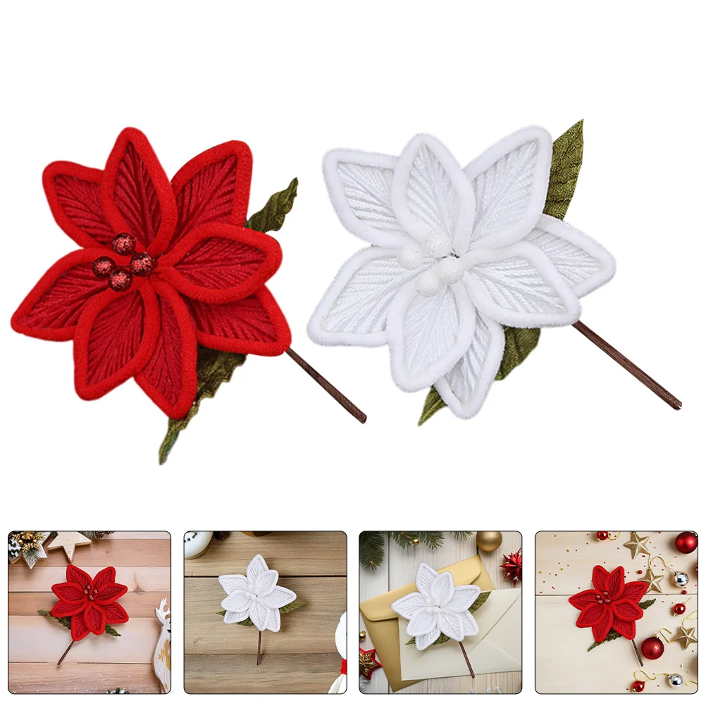 

4Pcs Artificial Christmas Flowers Double Layer Poinsettia Ornaments Indoor Holiday Tree Decorations Faux Xmas Velvet Ornaments
