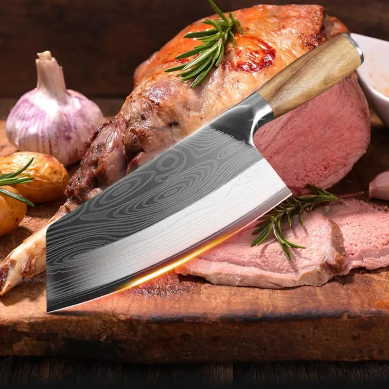 7.5 Inch Butcher Damascus Kitchen Knife Cleaver Chinese Chef Knife 4 Cr14mov Steel Wooden Handle Meat Vegetable Chef Knife