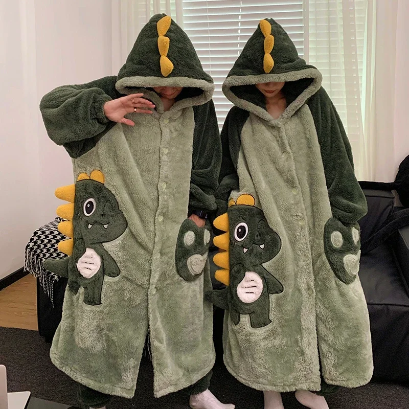 Kigurumis Dinosaur Pajamas Women's Robes Cartoon Couples Coral Velvet Men Nightgown Winter Thick Robe Two piece set Loung Pajama