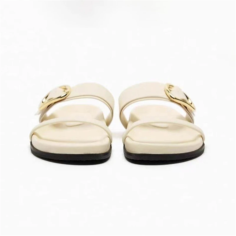 TRAF White Flatform Slippers For Woman Leisure Metal Buckle Straps Upper Thick Sole Flat Sandals Women Round Head Open Toe Shoes