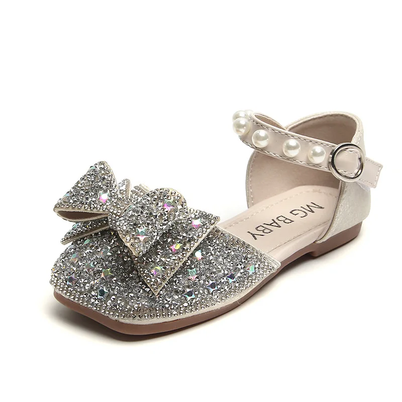 Principessa ragazze sandali 2023 estate nuovo rosa argento fiocco paillettes strass scarpe da ballo moda sandali per bambini H160