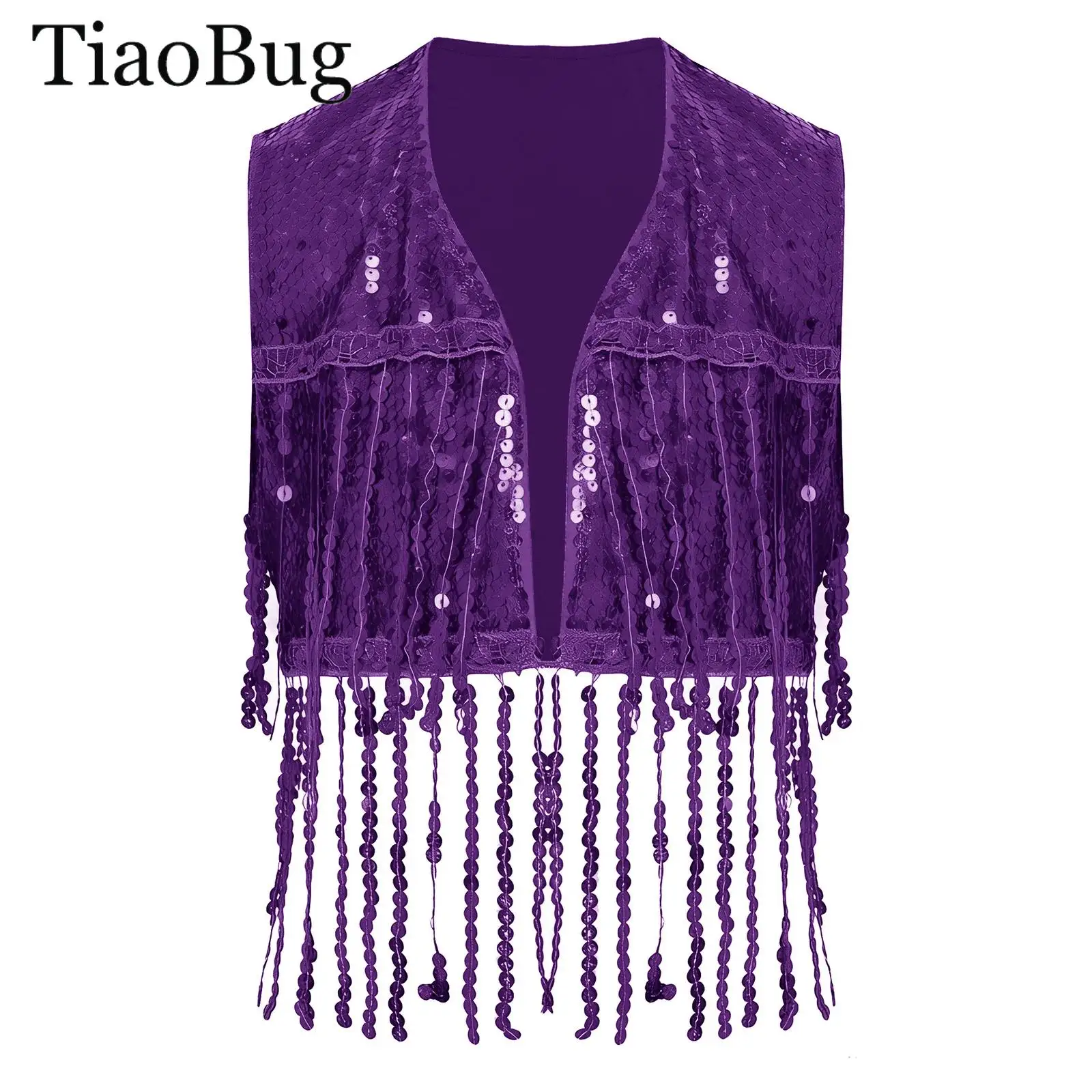 

Kids Girls Shiny Sequined Tassel Waistcoat Jacket Sleeveless Open Front Fringed Vest Crop Top for Jazz Dance Cha-Cha Performance