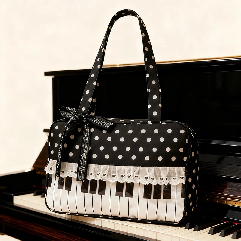 Large Capacity Shoulder Bag Musical Note Tote Bag For Women Charming Piano Lace Trim & Bow Sweet Retro Polka Dot Print Elegant