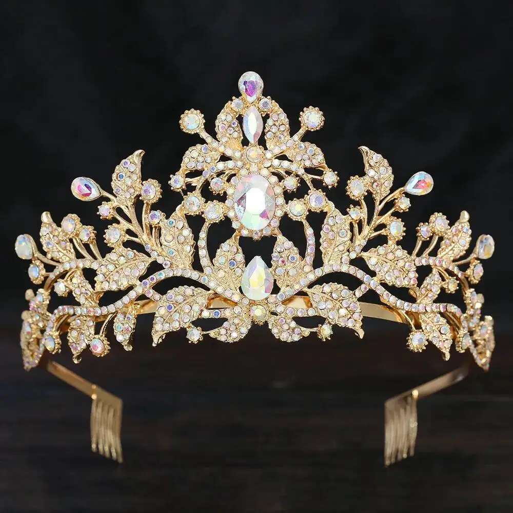 Royal Queen Gold Crystal Leaf Diadem Bridal Crowns For Pageant Tiaras Combs Headdress Bride Wedding Hair Jewelry Accessories
