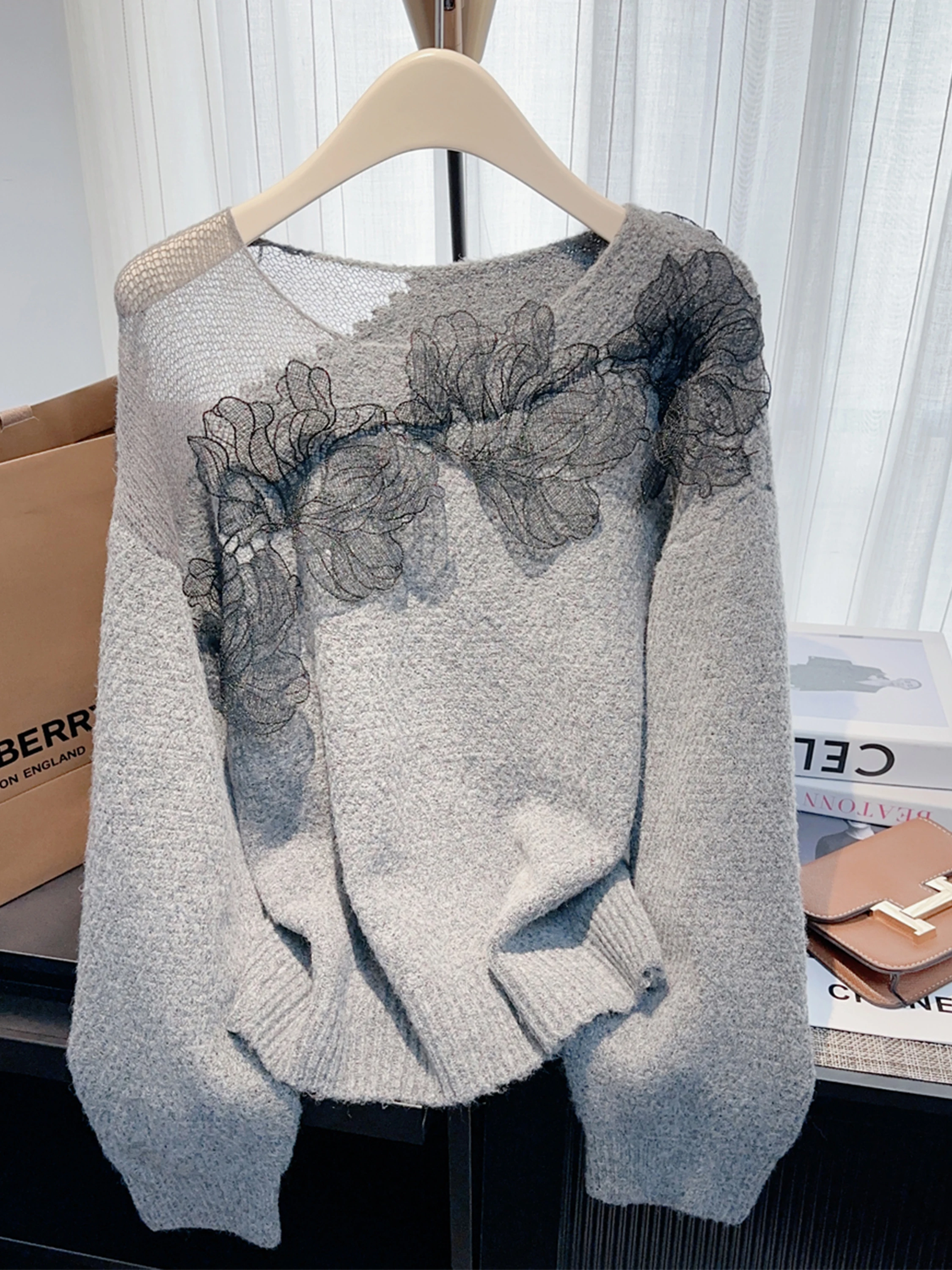 

Свободный вязаный свитер с кружевом и длинным светом, модный женский осенний топ премиум-класса Quali, круглый топ Ne