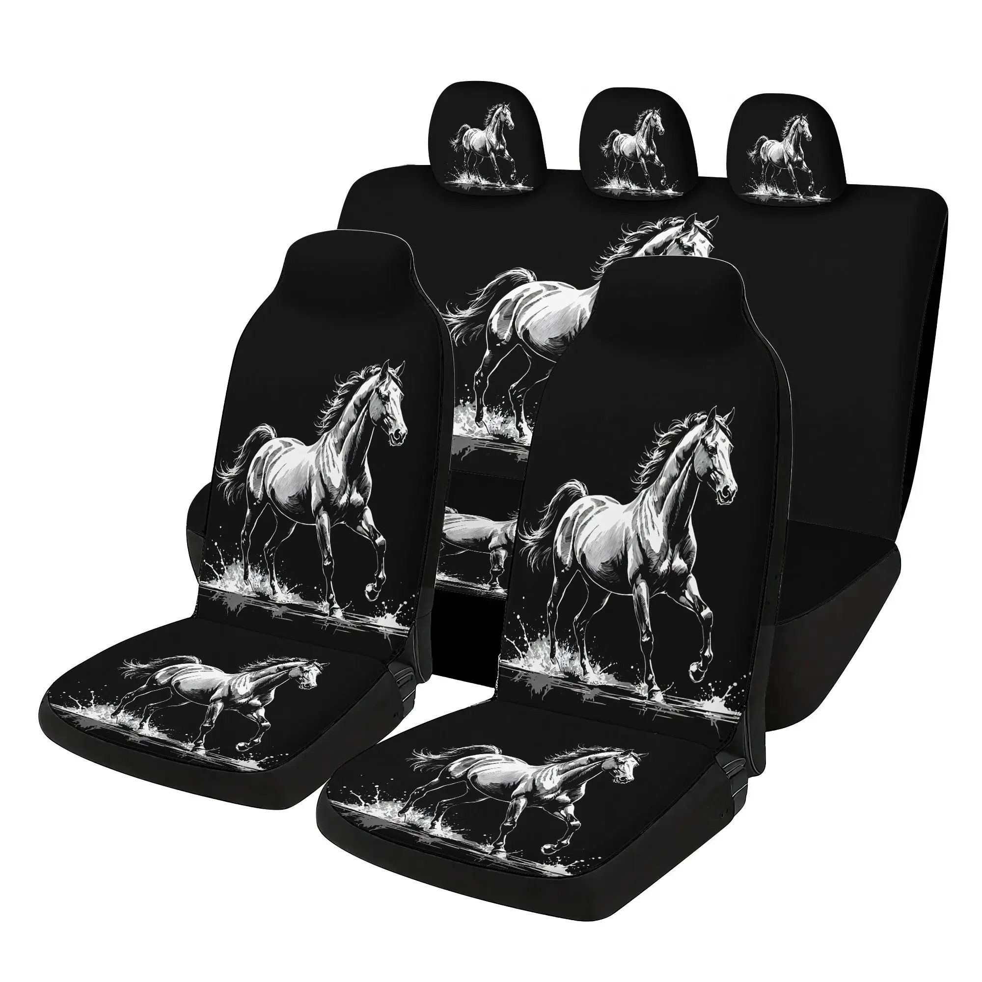 2D Plane 7pcs Set Ink Galloping Horse Car  Covers Set - Including 2 Front  Covers + 1 Rear  Back Cover + 1Rear