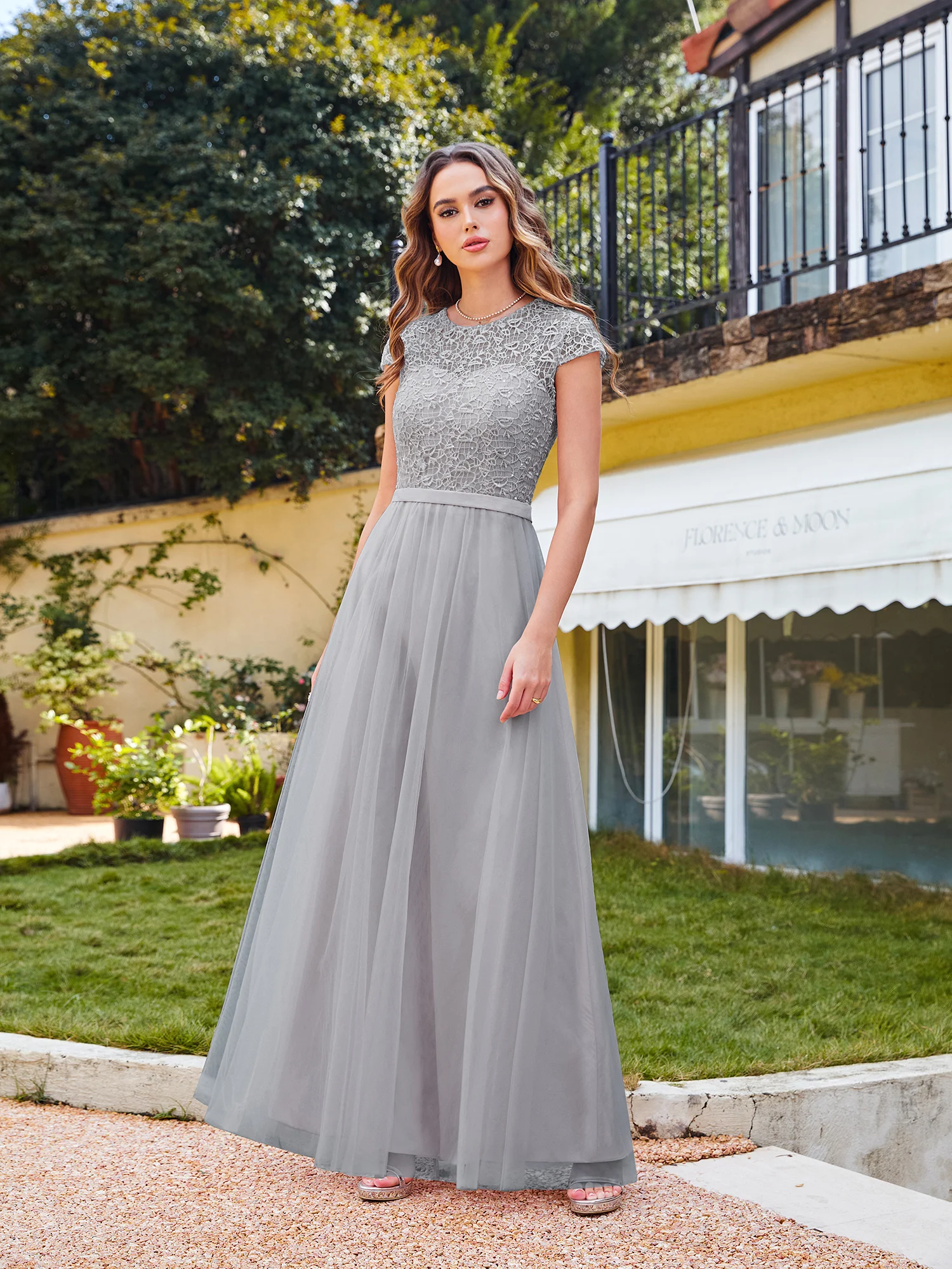 Silver Chiffon Lace Illusion Bridesmaid Dresses With Sashes Long Elegant Formal Evening Wedding Party Prom Gown Vestido De Festa