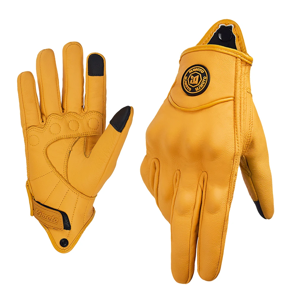 Retro Leather Motorcycle Gloves Full Finger Yellow Motorbike