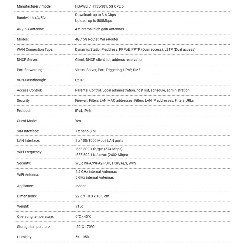 Ripetitore di segnale WiFi Huawei H155-381 sbloccato Wi-Fi 6 Router CPE 5G dual band da 3000 Mbps con amplificatore di rete slot per scheda SIM