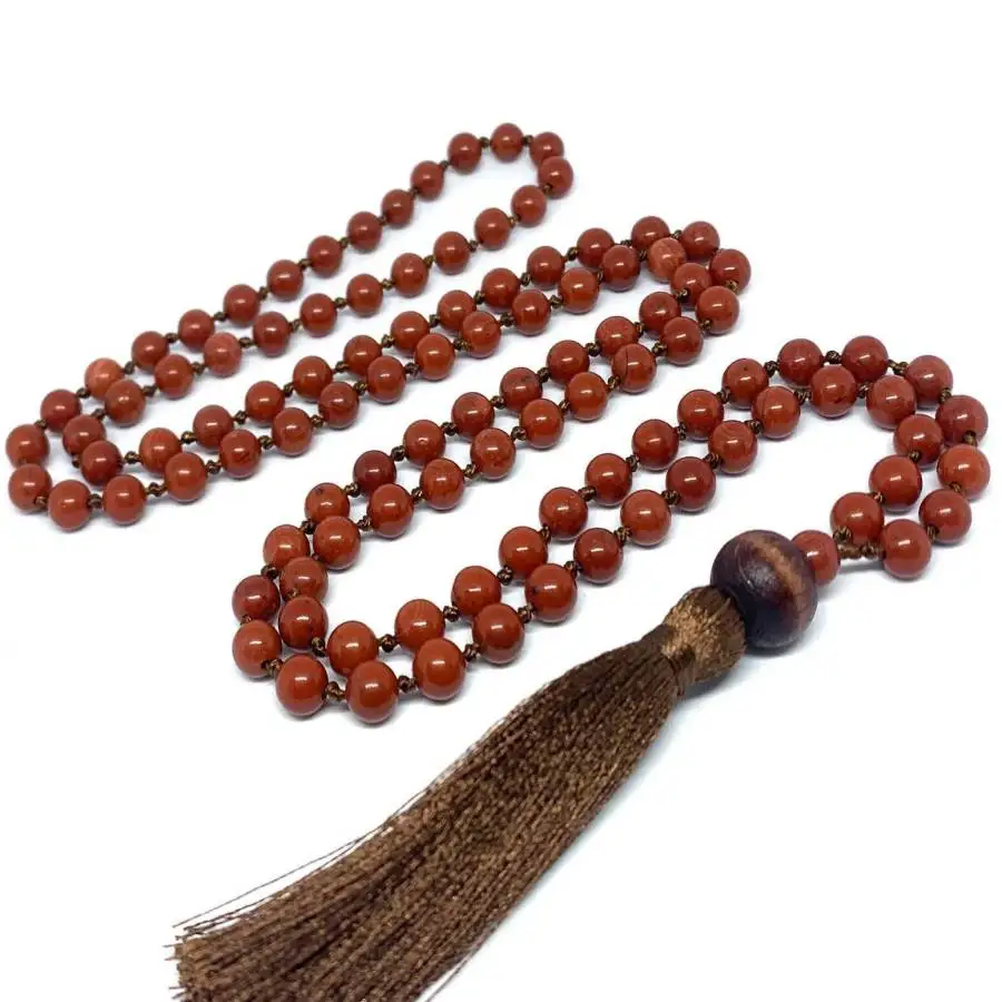 

Натуральное ожерелье-мала из красной яшмы с 108 бусинами и коричневым кисточком, духовное украшение для медитации