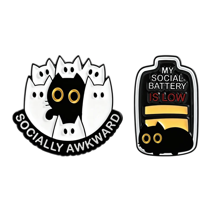 

Socially Awkward Cat Brooch Enamel Pins Cartoon Cat My Social Battery Is Low Brooches Backpack Lapel Badge Jewelry Friends Gifts