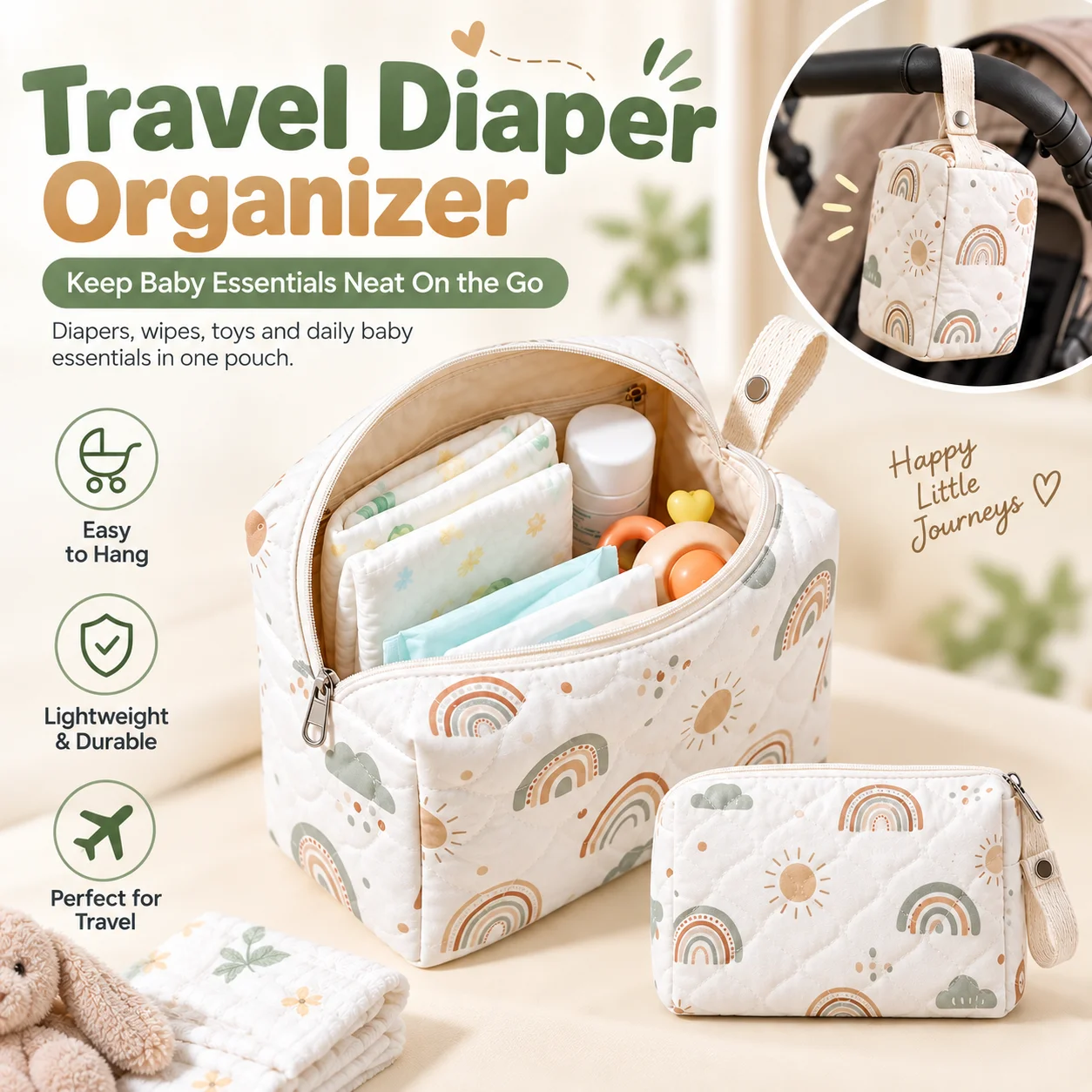 Nuova borsa riutilizzabile per pannolini umidi/seccati, borsa da appendere al passeggino, organizer per pannolini, borsa da viaggio per mamme, con stampa arcobaleno e animali.