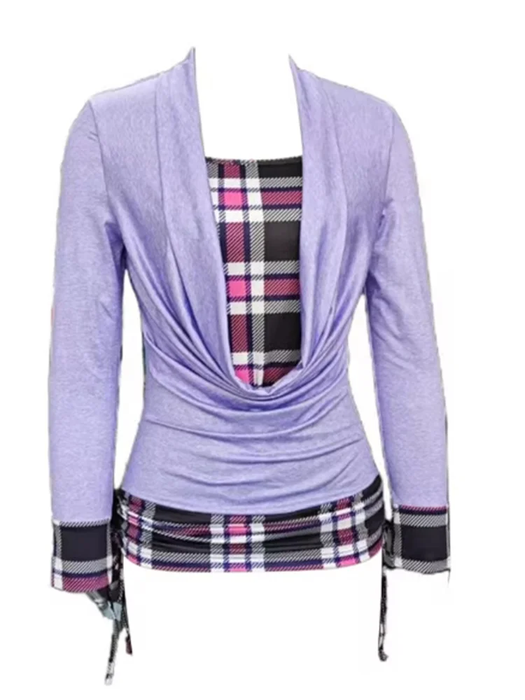 Purple Splicing Grid Suit with Hanging Strap Fold T-Shirt Slim Leg Pants Casual Sport Suit Autumn and Winter Fashion