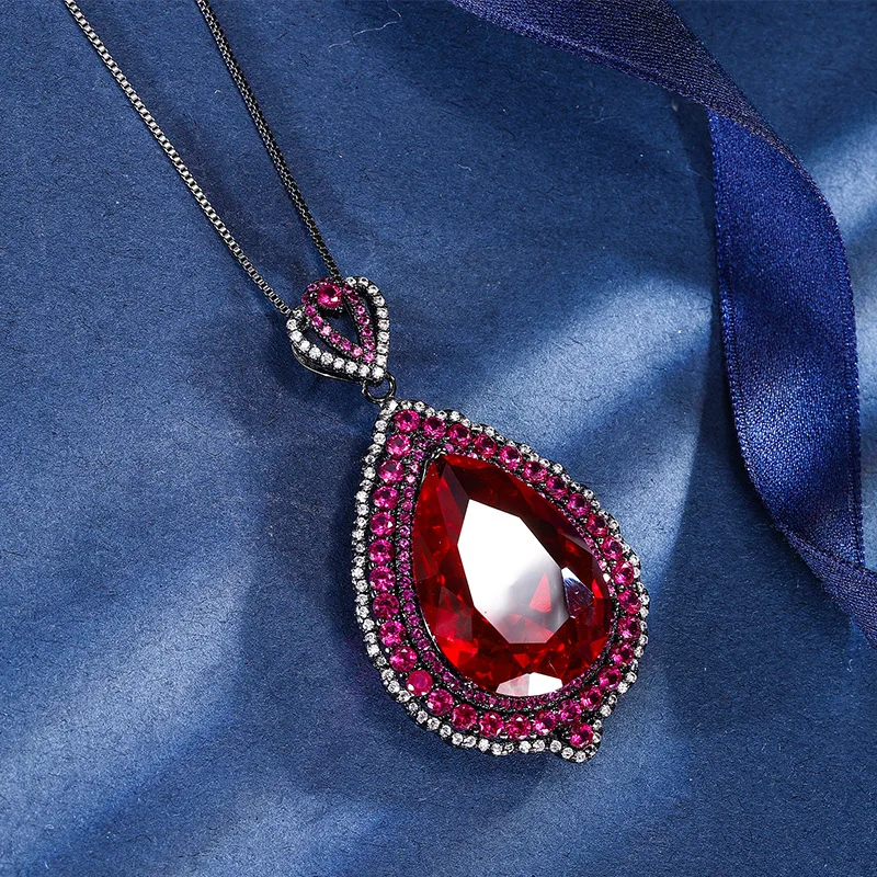 Jewelry Gold-Plated Red Corundum Large Water Drop Black Gold Pendant Necklace Main Stone 18*25