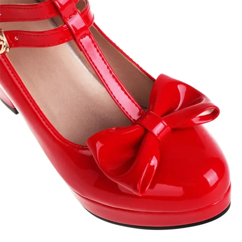 Plus Size Women Platform Mary Janes Sweet Red Pink Patent Leather High Chunky Heels Party Bowknot Round Toe T-strap Lolita Shoes