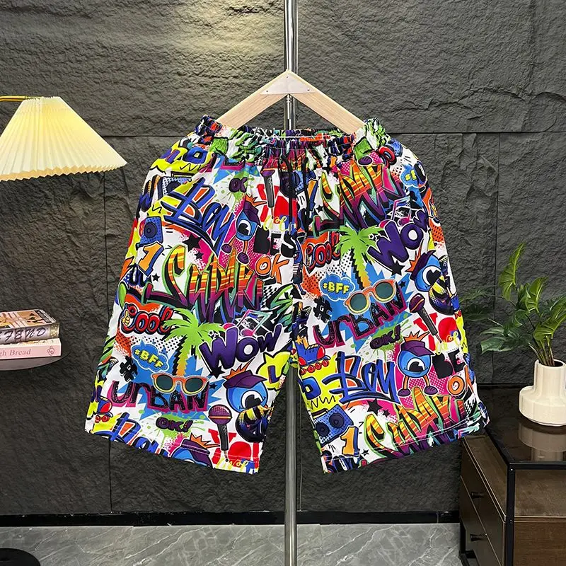 

Мужские летние повседневные брюки свободного кроя с принтом в гавайском стиле, быстросохнущие, прямые штанины, из полиэстера, модные шорты