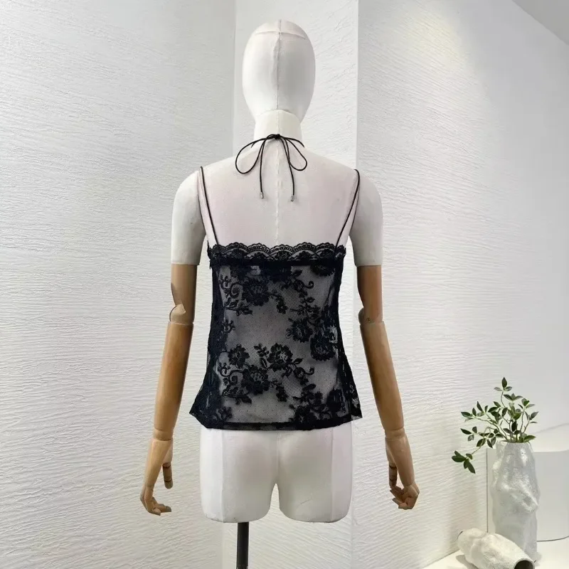 2024 Mr Crawling New Sexy Party Autumn Black Halter Sleeveless Lace Blouse Tops for Women Crop Women