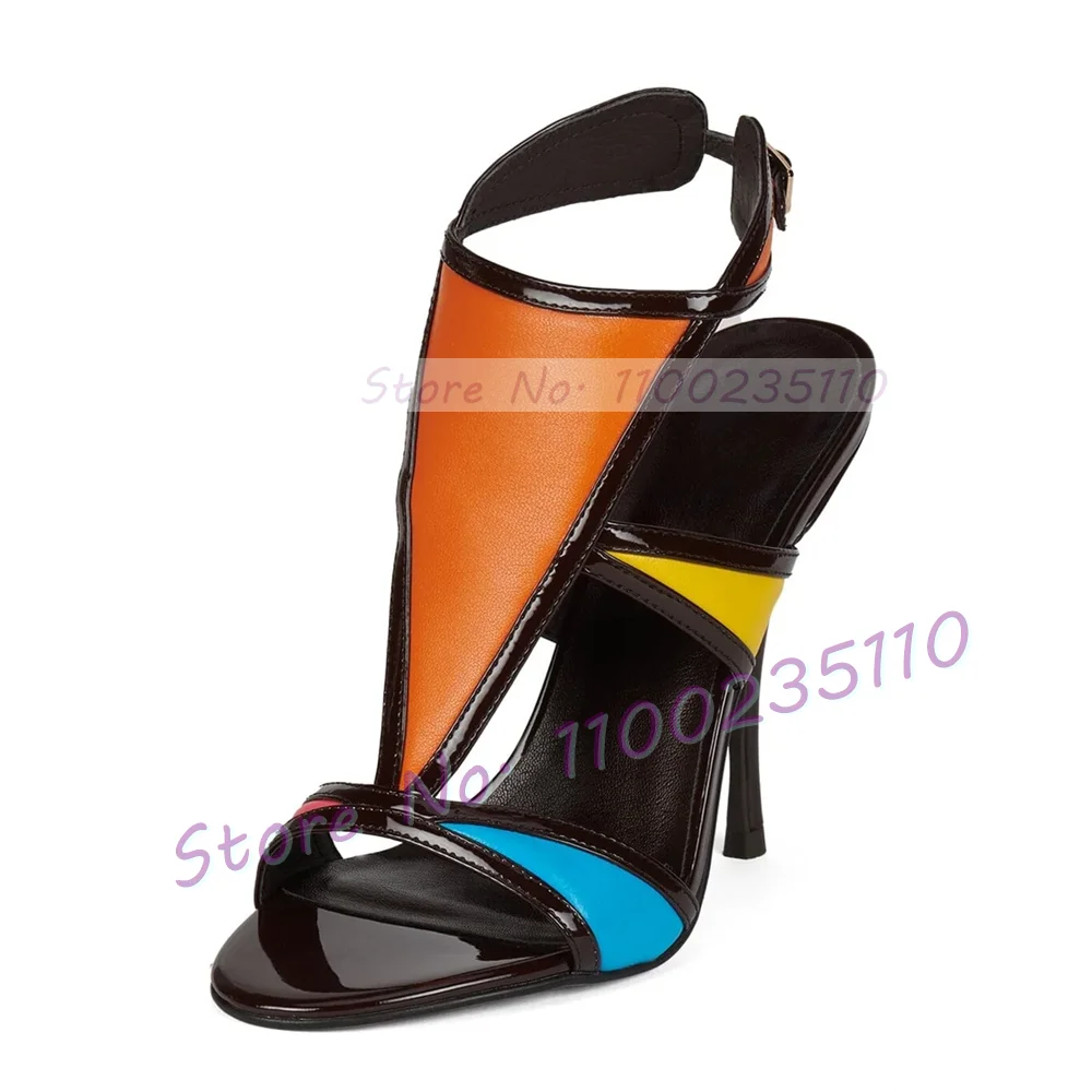 T-strap Color-block Heeled Sandals Women Party Summer Patchwork Ankle Strap Feminine Sandals Comfy Open Toe Sexy Big Size Shoes