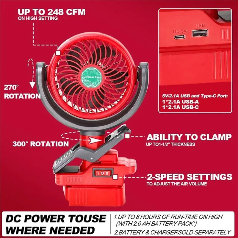 Promotion!Cordless Clip-On Fan Clip-On Fan 2-Speed, 270° &300° Rotation