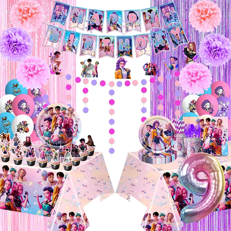 

Охотники на демонов Kpop, декор для дня рождения, посуда, баннер, топперы для торта, скатерть, набор воздушных шаров для девочек и мальчиков, набор принадлежностей для вечеринки в стиле аниме