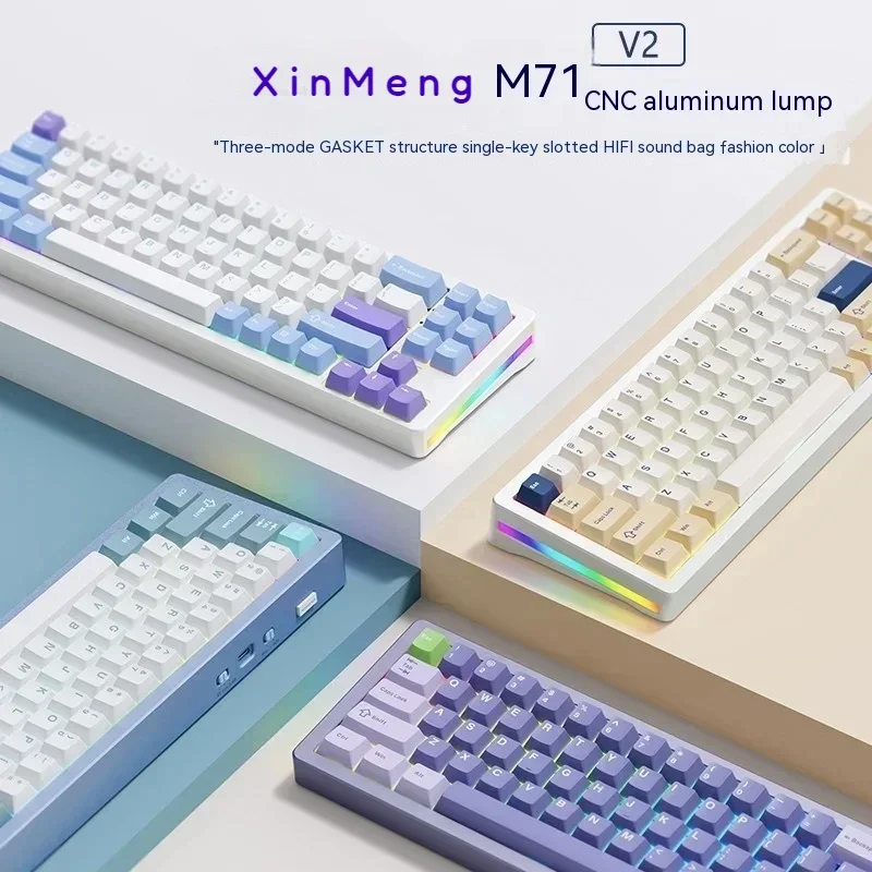 

Механическая беспроводная клавиатура Xinmeng M71V2, 3 режима, Bluetooth клавиатура, RGB прокладка, Горячая замена, игровая клавиатура для ПК