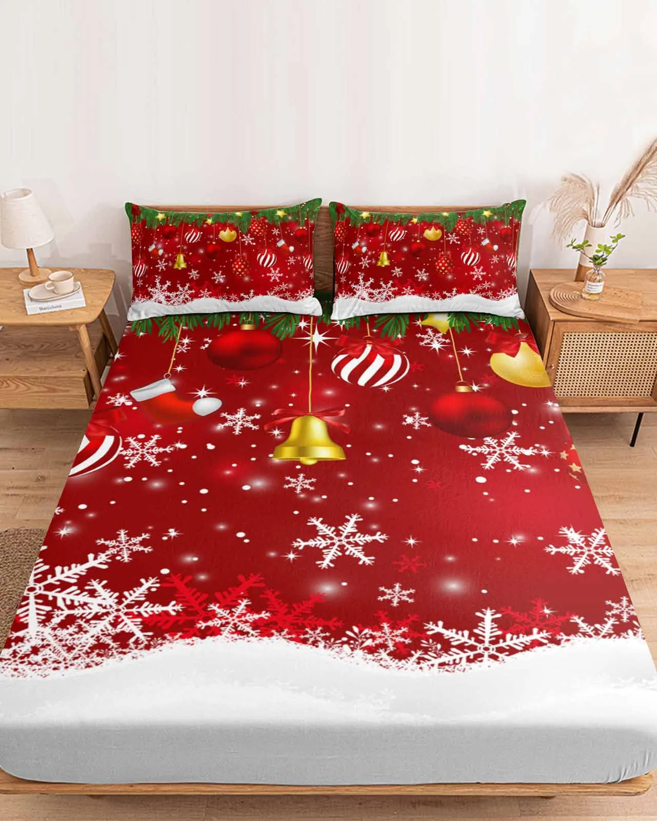 

Рождественский шар, снежинки, ветки сосны, простыня из полиэстера, наматрасник, четыре угла, эластичная лента, простыня, наволочка