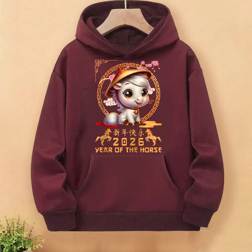 Rok Konia 2026 Chiński Nowy Rok Lunarny 2026 Damska Bluza z Kapturem Uroczy Kreskówkowy Koni Nadruk Pulower Y2k Ropa Mujer Top
