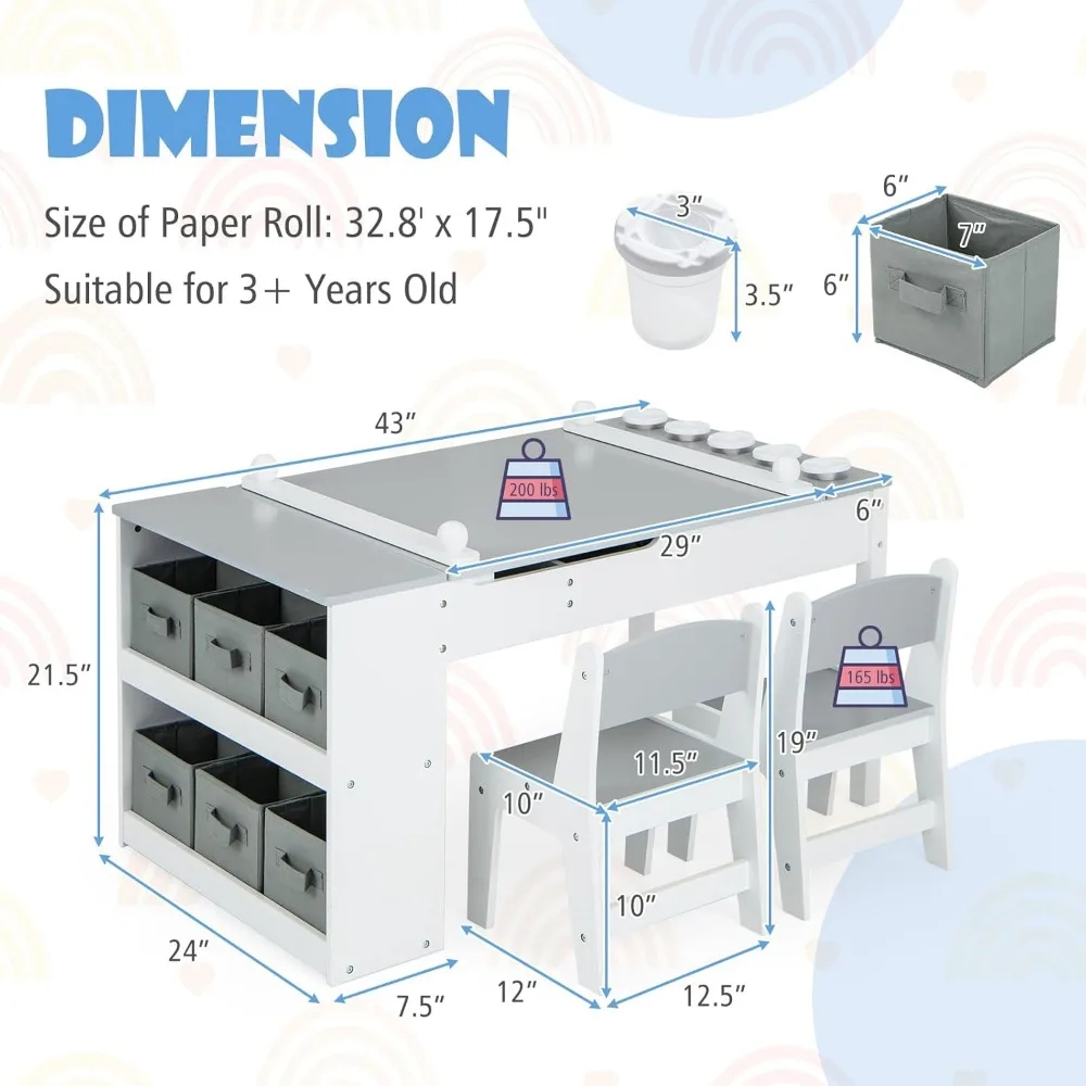 Conjunto de mesa e cadeira infantil, mesa de atividades de artes e ofícios de madeira 3 em 1 com rolo de papel, 6 copos de tinta e caixas de lona de armazenamento