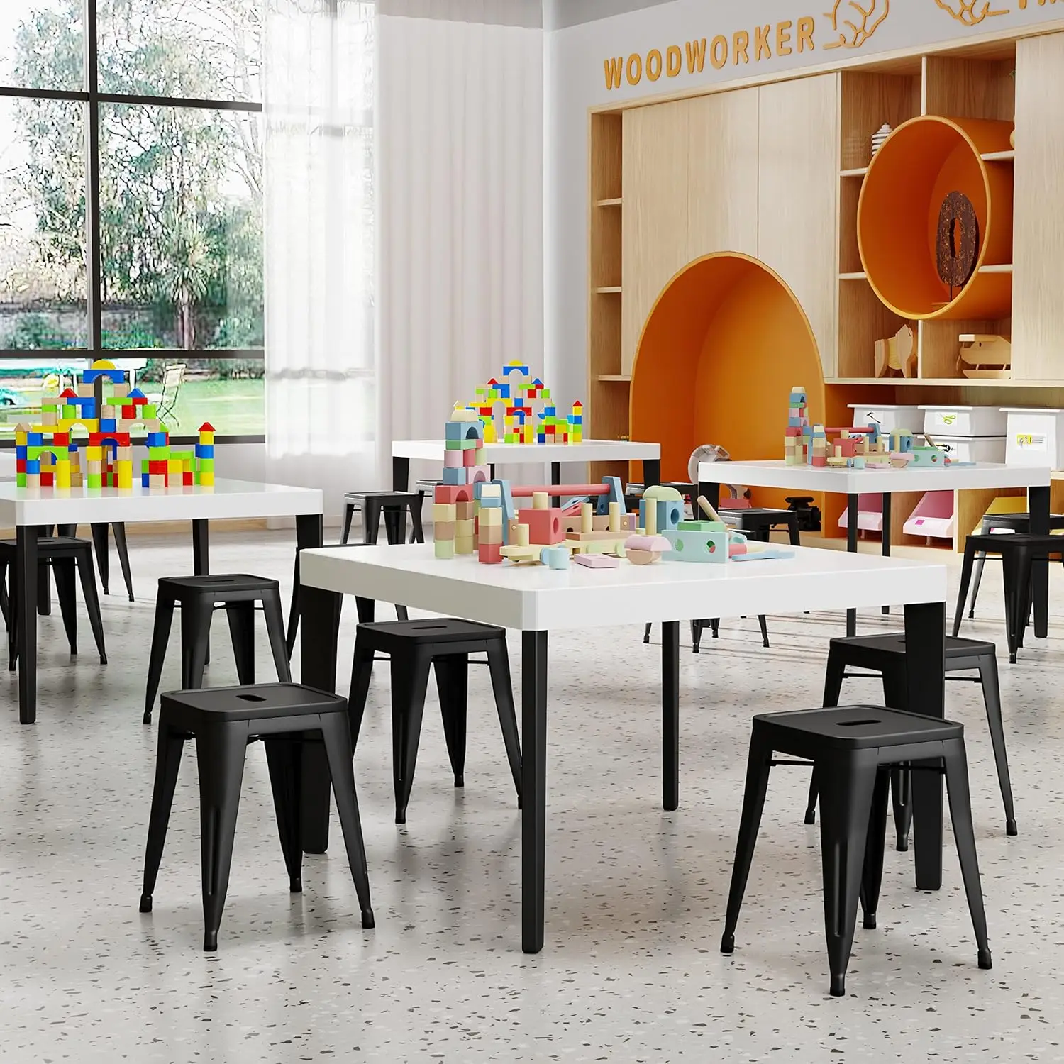 Home Industrial Metal Barstools Classroom Stools Short Stools [Set of 4] Stackable for Indoor/Outdoor 18" Dining Chair