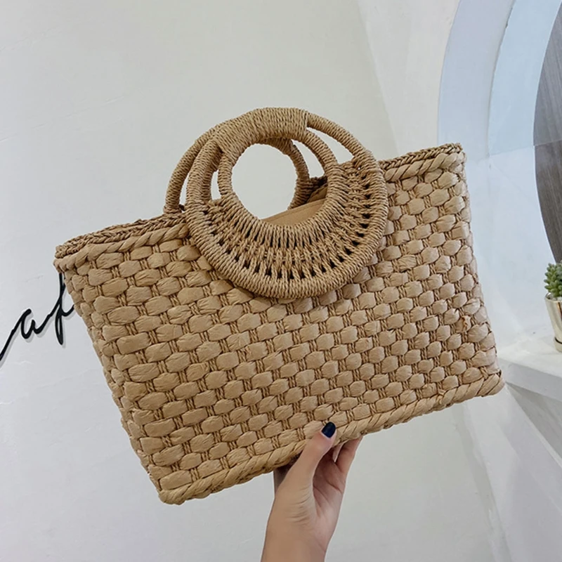 Bohemian Women Summer Beach Woven Straw Handbag with Round Top Handle Travel Vacation Weave Braided Zipper Large Tote Bag