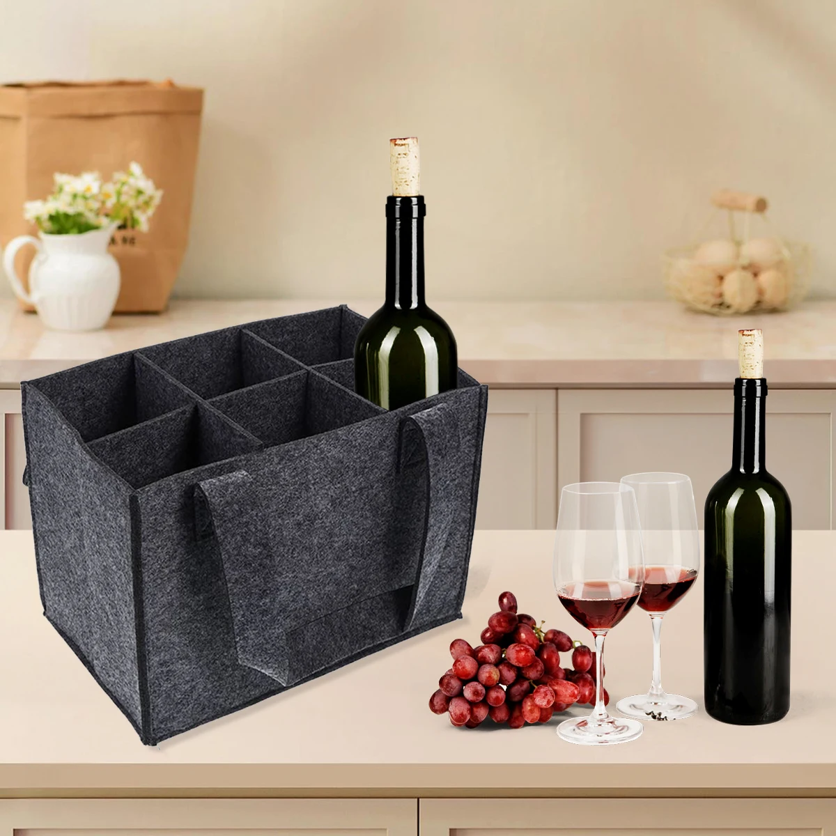 

1Pcs New Protective Wine Storage Bag Washable with Carry Handle Wine Bottle Carrier 6 Bottles Felt Wine Bottle Holder Bag