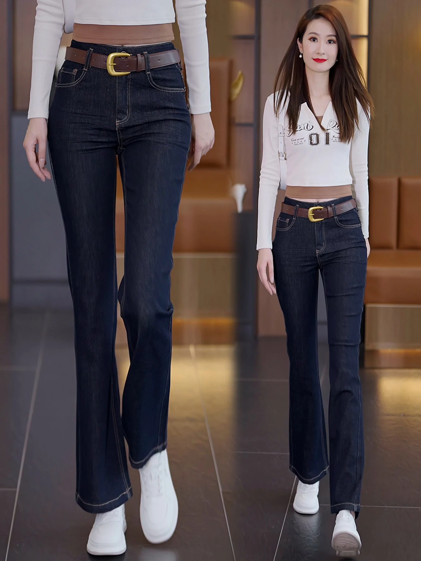 

Джинсы женские с высокой талией, синие, микро-клеш, эластичные, для весны и осени, повседневные, удобные, облегающие