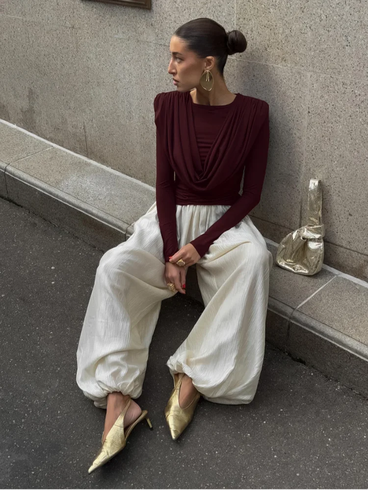 

Women Chic Burgundy Draped Neckline Shirt Fashion Full Sleeve Round Neck Pleated Slim Short Shirts 2025 Lady High Street Wear