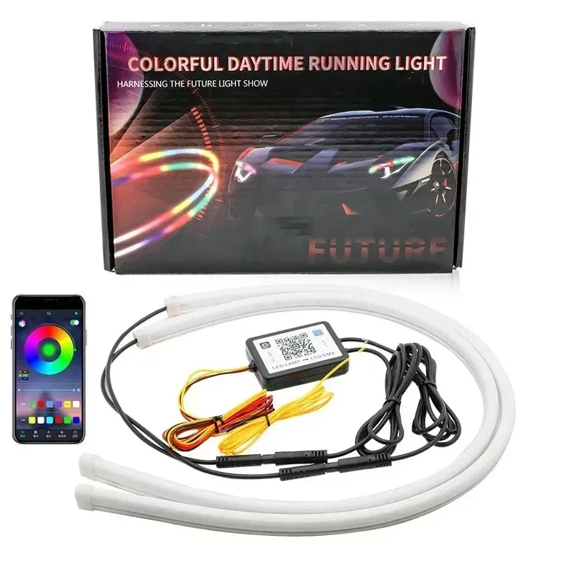 2pcs DRL APP Control Flexible RGB Flowing Turn Signal Strip Headlight Decorative Lamp Car LED Daytime Running Light 12V-30V