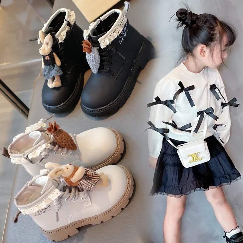 Fashion Children's Short Boots 2024 Autumn Cartoon Rabbit Girls' Princess Leather Boots Soft Soled kid's Casual Cotton Shoes