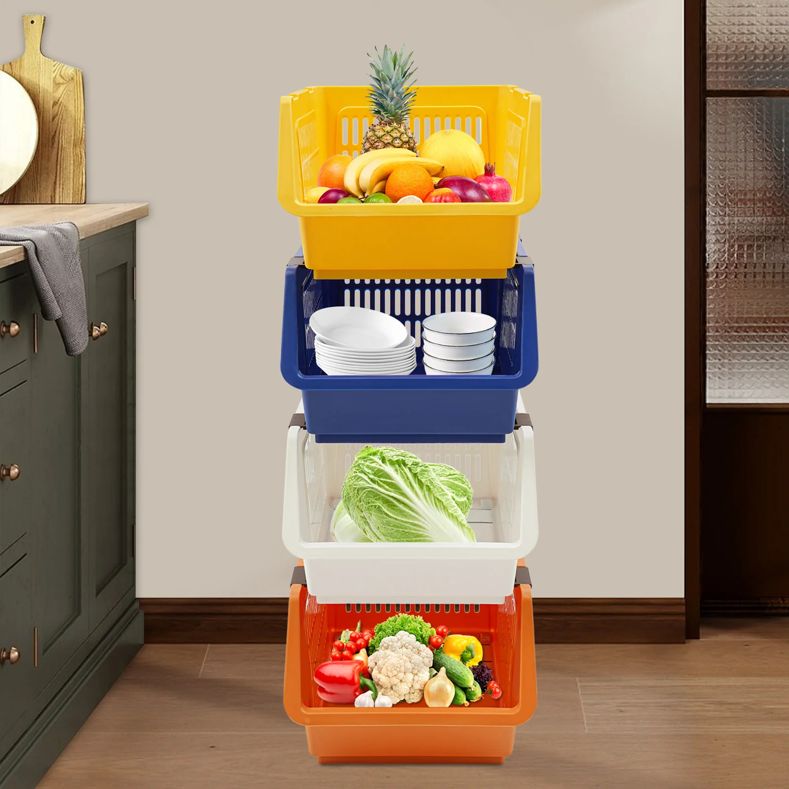 سلال تخزين قابلة للتكديس، 4 عبوات، صناديق تنظيم وحدات كبيرة، حاويات تخزين مستطيلة متعددة الاستخدامات، منظم منزلي حديث