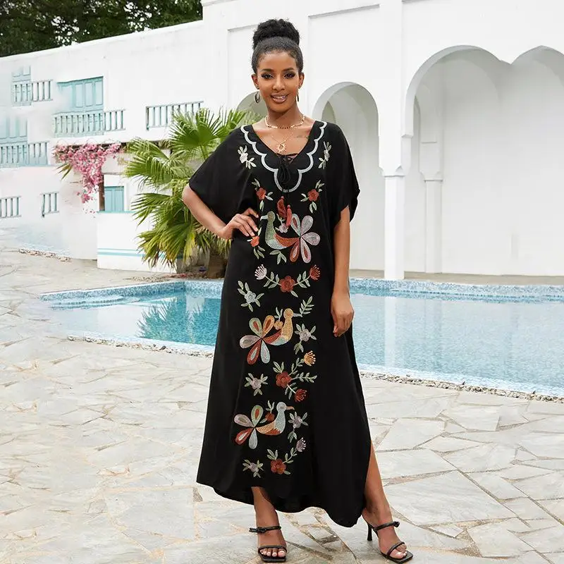 Black Vintage Embroidered Beach Dress Long Sarong Cardigan Bikini Cover-ups Wrap Dress Beach Wear Swim Suit Cover Up