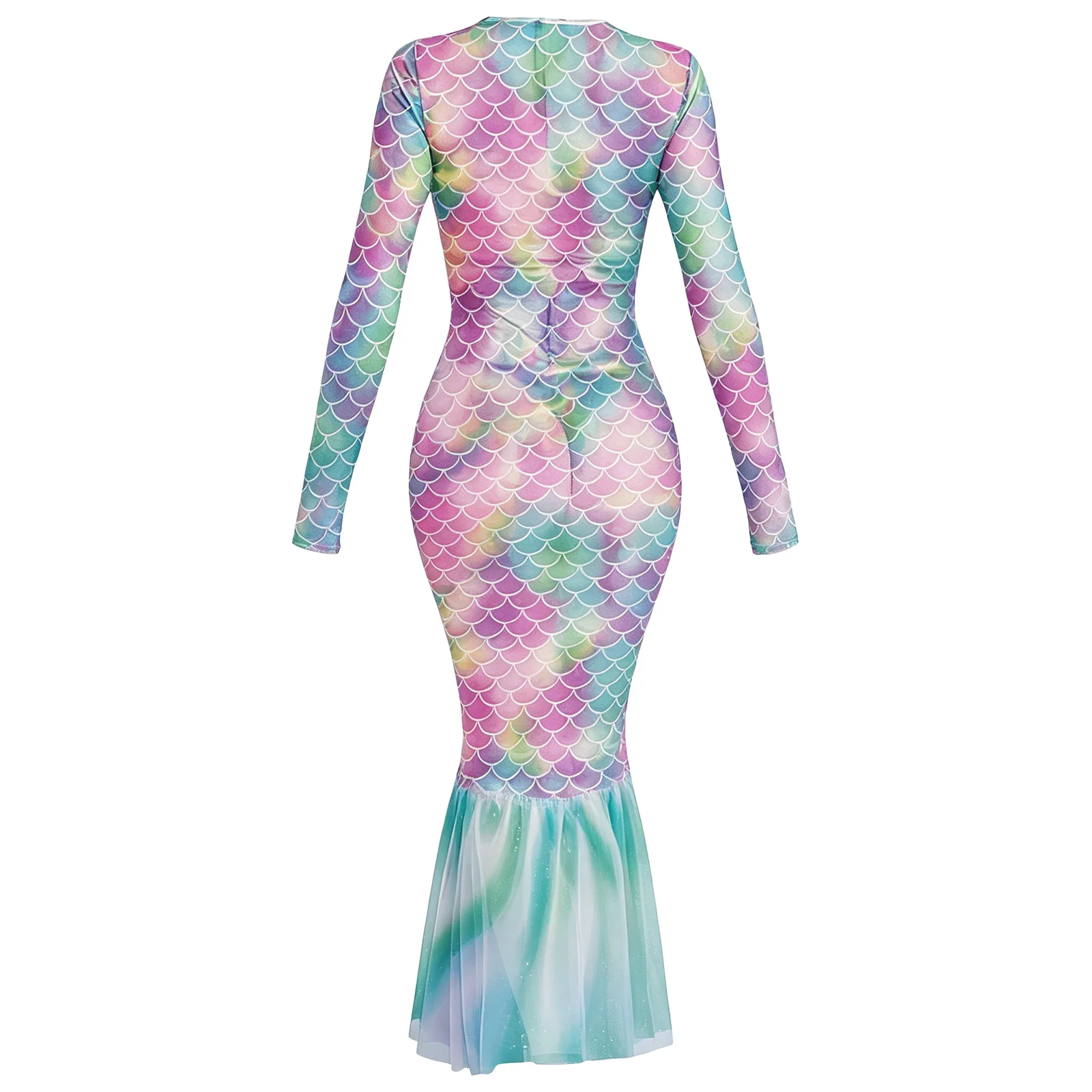 Damen Bikini Cover-up mit Farbverlauf und Fischschuppen-Print, Meerjungfrauen-Strandkleid, schmal geschnittenes Wickelkleid mit Fischschwanz und Rüschensaum, figurbetontes Kleid – Detail 10