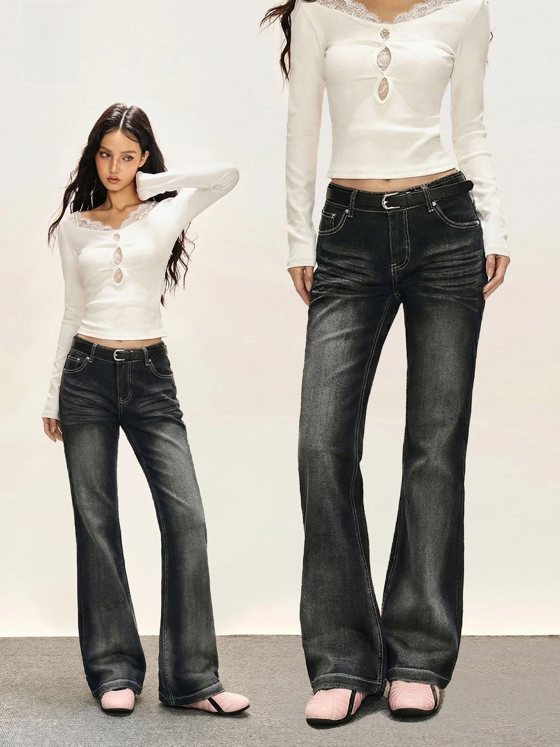 

Джинсы женские «Hot Girl Design» на весну-осень, американские, свободные, расклешенные, прямые, утягивающие, с эффектом похудения