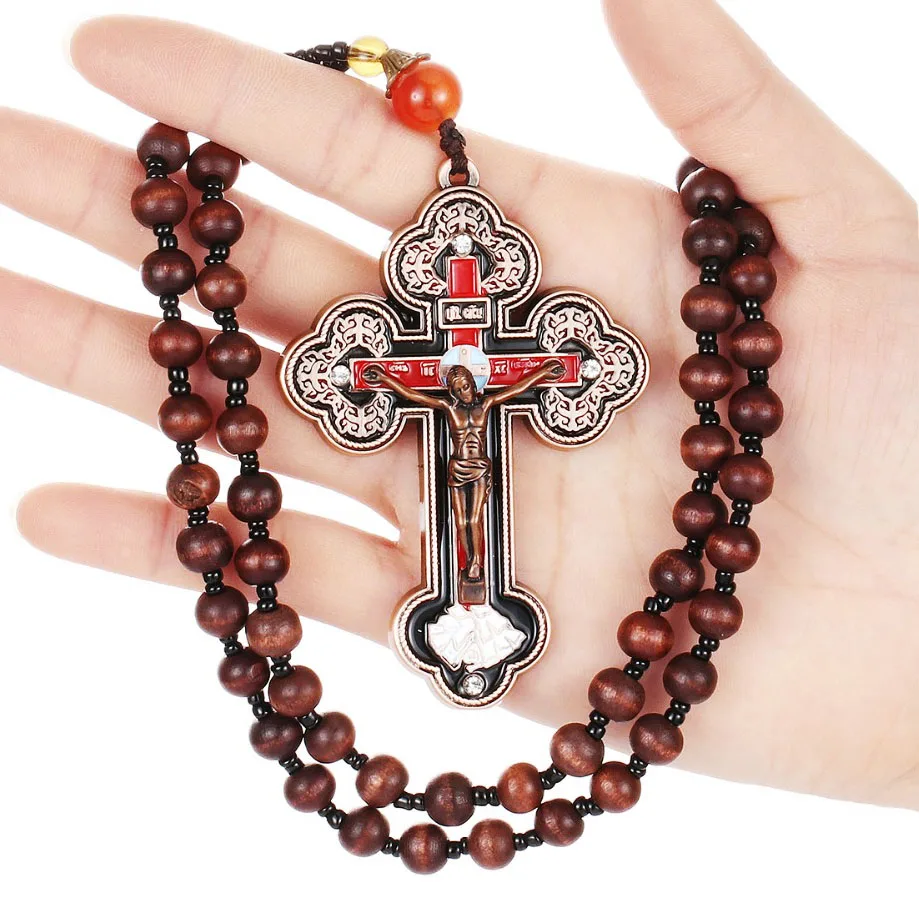 Diyalo Orthodox Crucifix Pendant Necklace Wooden Rosary Beaded Chain for Men Women Religious Jesus Cross Prayer Jewelry