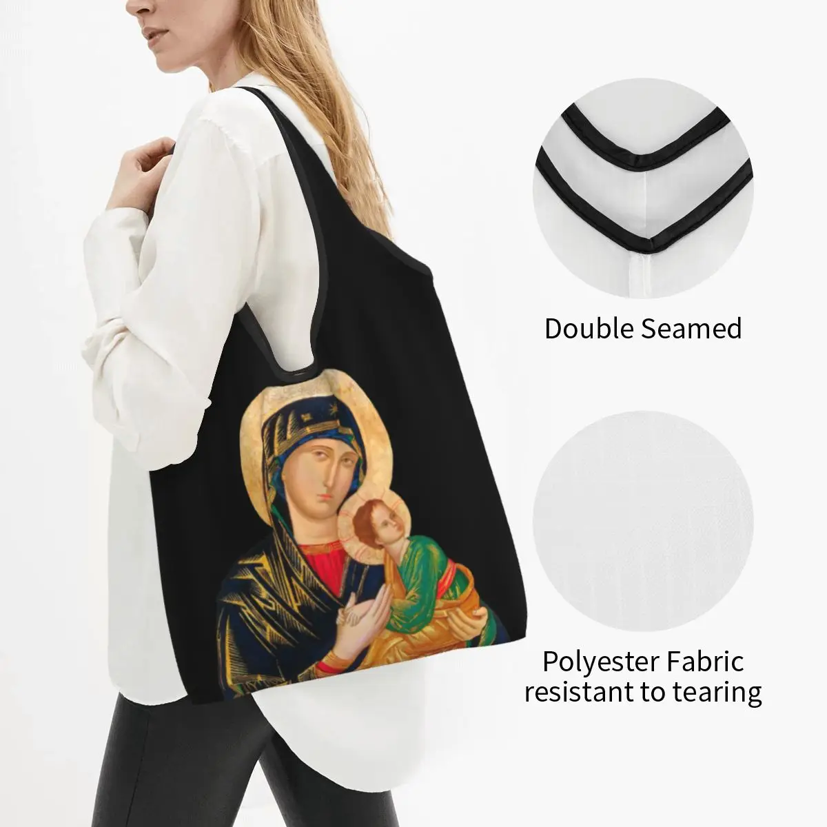 Our Lady Of Perpetual Help Groceries Shopping Bags Kawaii Shopper Tote Shoulder Bag  Portable Catholic Virgin Mary Handbag