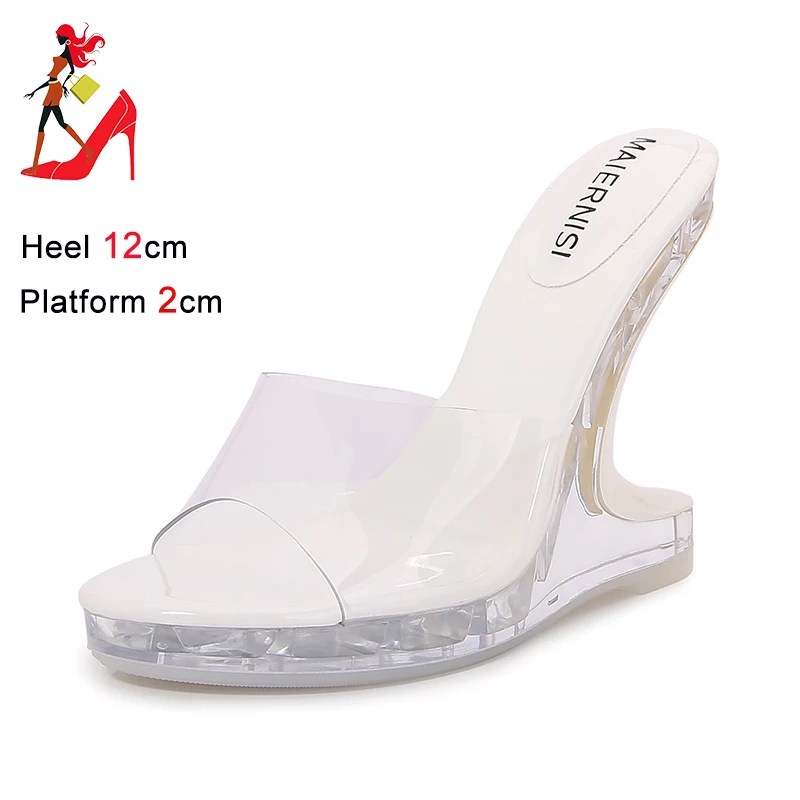 Women Summer Transparent Heel Slipper Platform High Heels 2024 New Outdoors Perspex Shoes 12CM Strange Style PVC Crystal Sandals