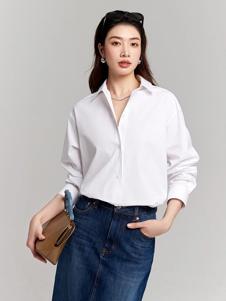 

Ele Double Tead Combed Cotton Loose Fit irt Ningxia jian Gao 80 Sa Faion Commute Sle Long Sve Collar
