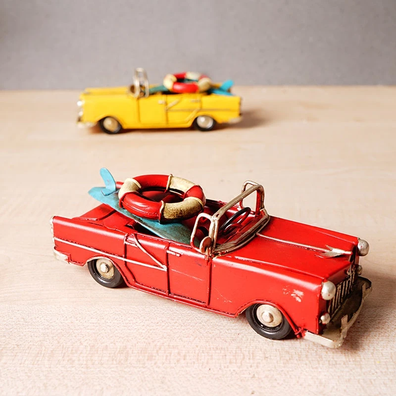 Retro Iron Desktop Ornament Handcrafted Vintage Car Figurine for Study Space Decoration Red Yellow Wine Tone Nostalgic Gift for