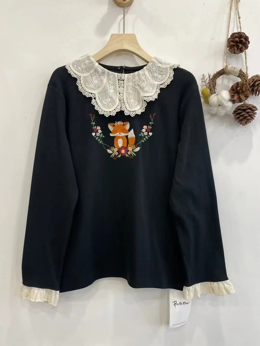 2025 Mori kei Japanese fashion lace crochet collar cartoon embroidery t shirt women pullover cotton long sleeve basic tops