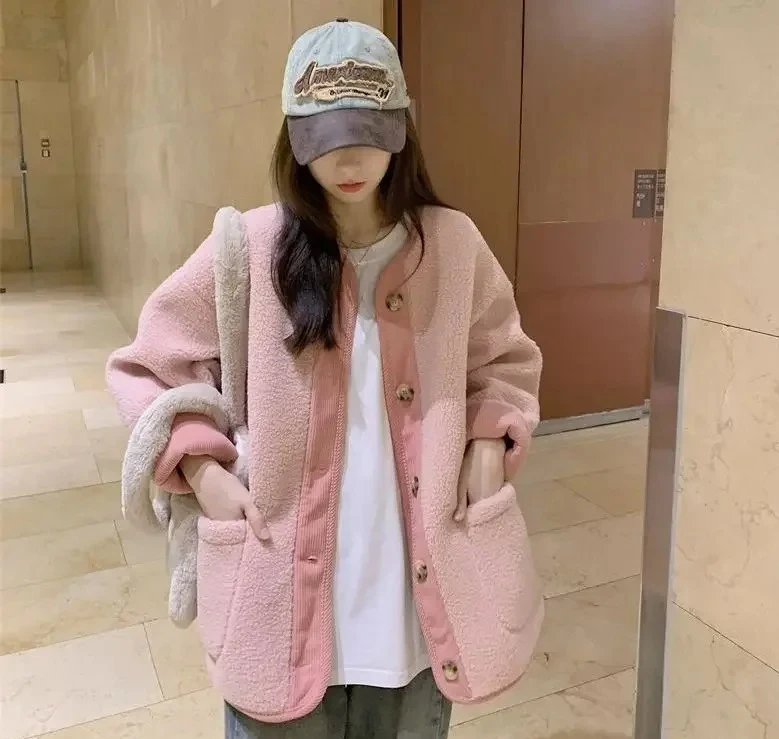 

Женское осенне-зимнее утепленное пальто с длинными рукавами, свободный кардиган с имитацией овечьего меха, верхняя одежда в корейском стиле