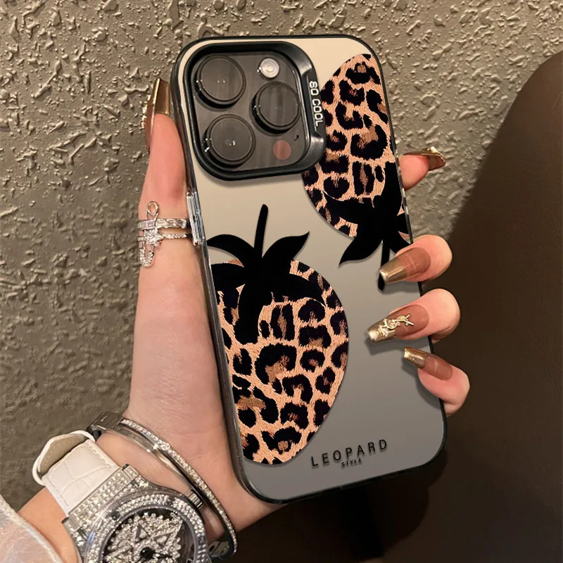 leopard print strawberry  Matte Laser Phone Case For iPhone 15 Cases iPhone 14 13 12 11 15 Pro Max XS XR X 7 8 Plus Plating Cov