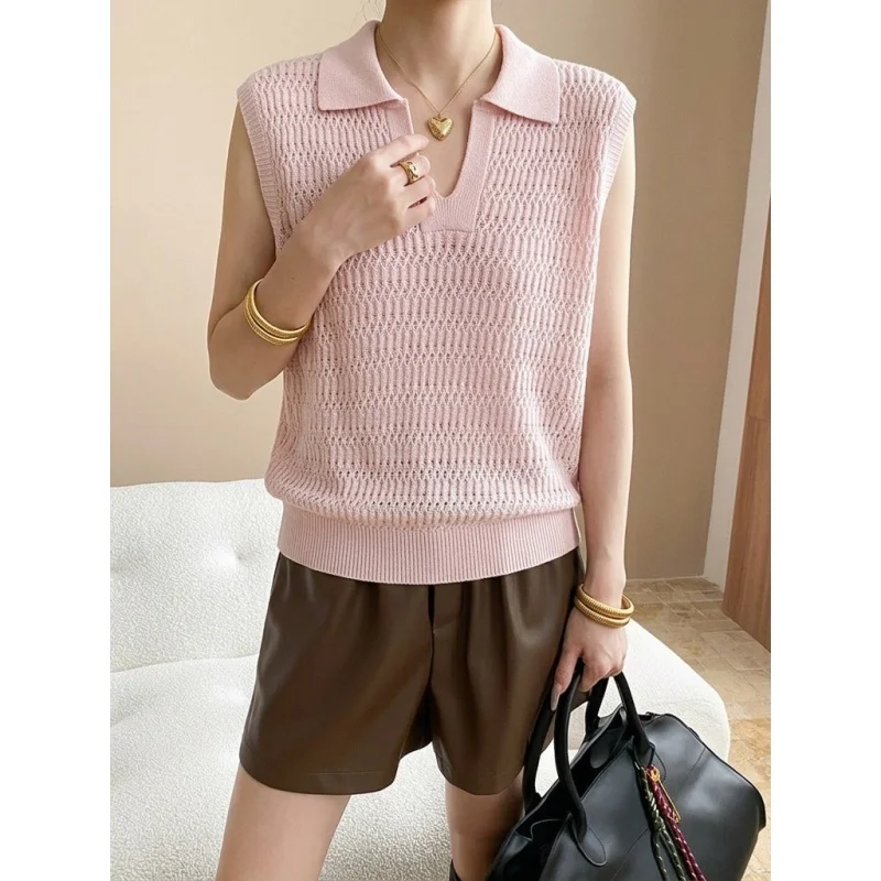 

Lyocell Linen Sleeveless Polo Knit Vest,summer Women V-Neck Lapel Hollow Out Casual Knitted Pullover