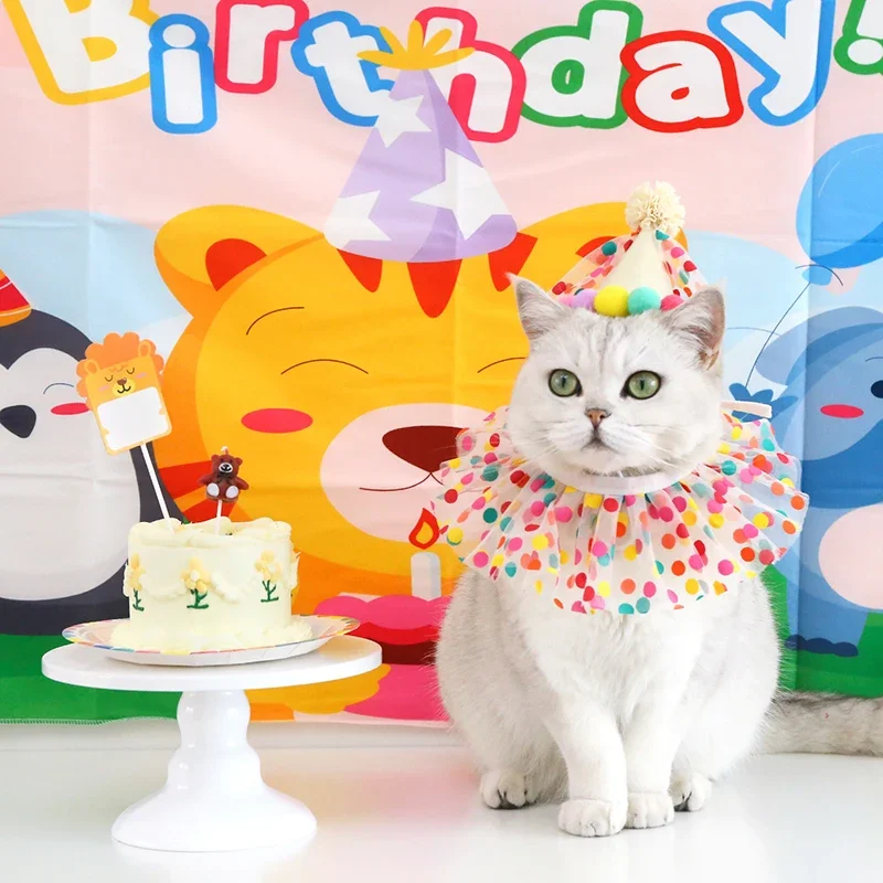 Pet Cat Birthday Dress Up Supplies Sweety Style Tassels Party Hat Lace Saliva Towel Birthday Party Kitten Puppy Headwear