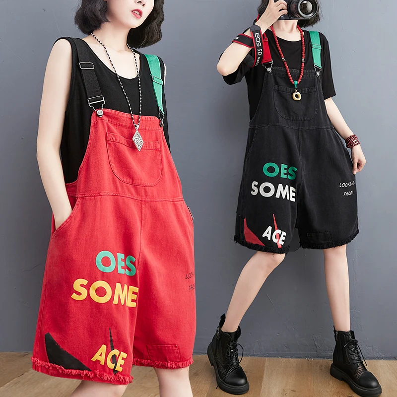 

Винтажные джинсовые комбинезоны, женские летние европейские комбинезоны с персонализированным буквенным принтом, свободные комбинезоны больших размеров, модные широкие штанины